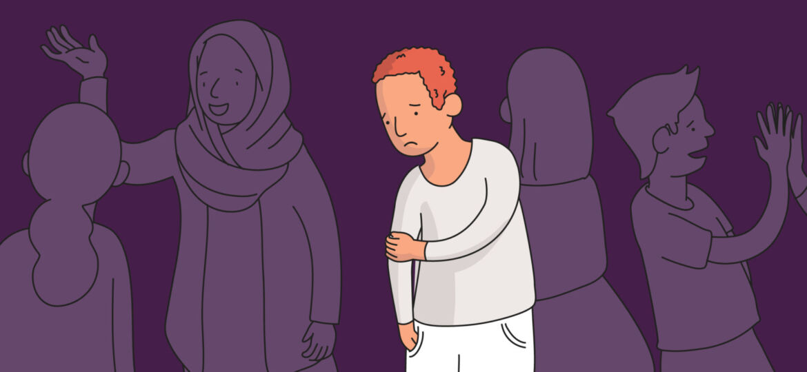 cartoon man having social anxiety