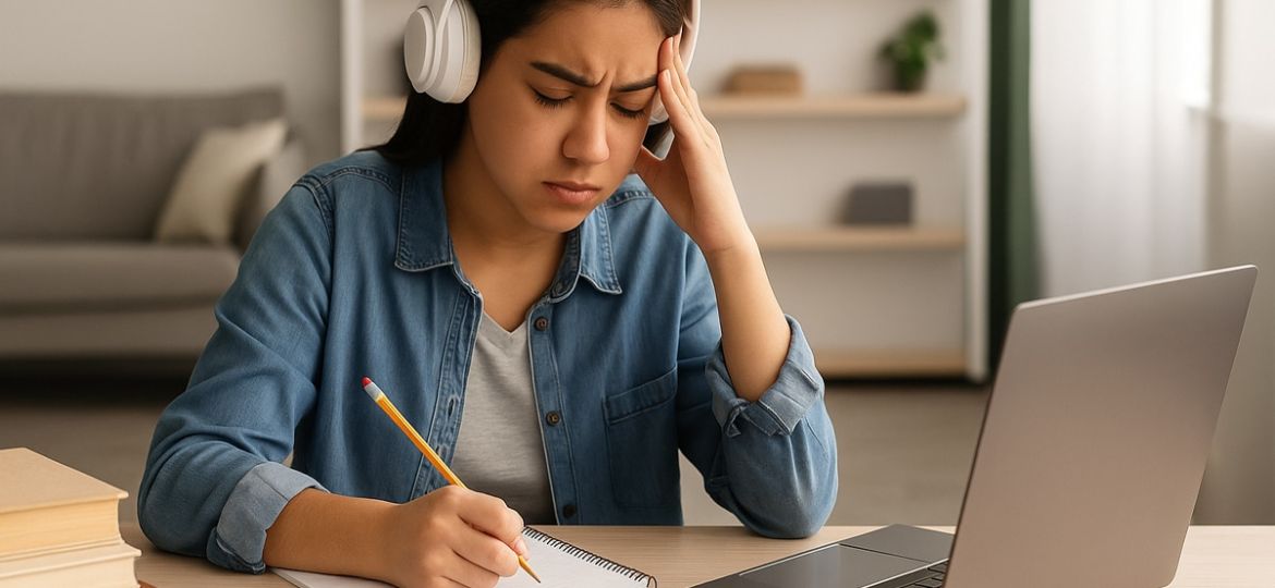 Calgary teen studying with headphones at home while managing school stress