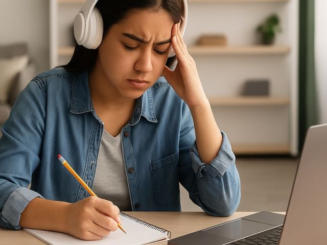 Calgary teen studying with headphones at home while managing school stress