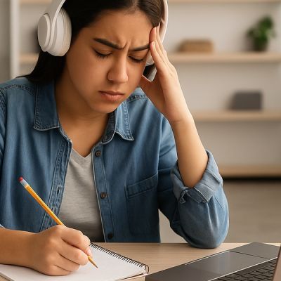 Calgary teen studying with headphones at home while managing school stress