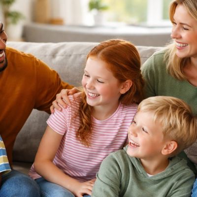 Blended family smiling together in bright Calgary home setting